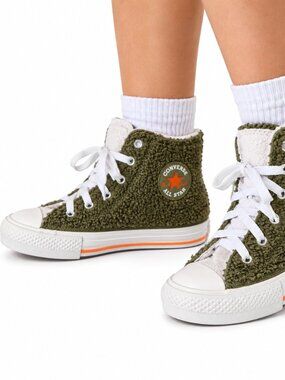 Converse Olive Green Sherpa Fleece High Top Platform Sneakers